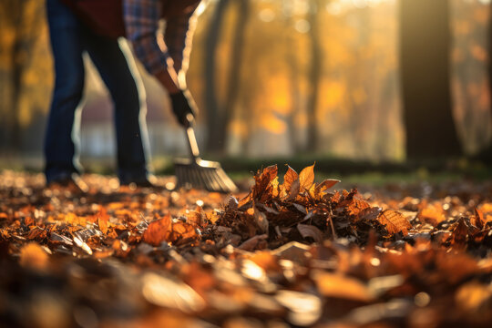 Person is using rake to gather leaves into pile. This image can be used to depict autumn, yard work, or outdoor activities.