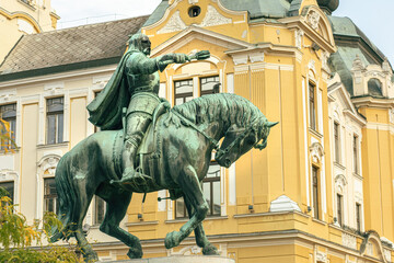 Jan Hunyadi statue on the main square in Pecs,Hungary.