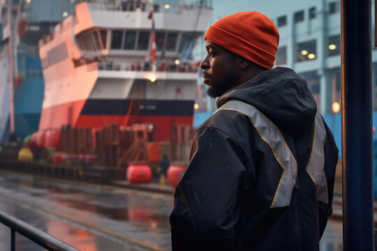 Man wearing red beanie stands confidently in front of ship. This image can be used to depict adventure, travel, or spirit of exploration.