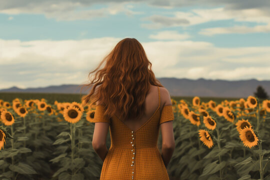 Woman standing in vibrant field of sunflowers. This picture captures beauty and serenity of nature. Perfect for use in advertising, websites, or any project that needs touch of natural beauty.