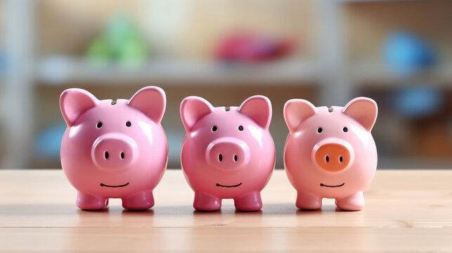 Three pink piggy banks sitting on top of wooden table. This image can be used to represent saving money, financial planning, or budgeting concepts.