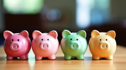 Obraz premium Three piggy banks sitting side by side on table. This image can be used to represent savings, financial planning, or budgeting concepts.
