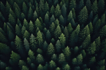 Aerial view of dense forest filled with tall pine trees. This image can be used to depict nature, landscapes, aerial views, forests, or environmental themes.