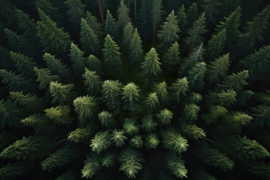 Bird's-eye view of pine forest. This image captures breathtaking beauty of dense forest of towering pine trees. Perfect for nature enthusiasts and landscape photographers.