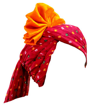 Guajarati folk safa (pagdi) traditional turban with white transparent background - Rajasthani turban yellow red chunri turban traditional turban