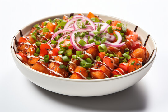 White bowl filled with variety of fresh vegetables and topped with delicious sauce. This image can be used to showcase healthy eating, vegetarian or vegan recipes, and food preparation.