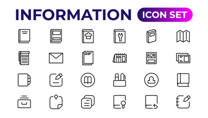 Information simple minimal thin line icons.Brochure line icons set. Flyer leaflet, catalogue, booklet, magazine, letterhead, open book and other.