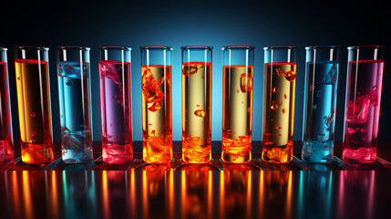 Multi-colored glass flasks and flasks with chemical test tubes in a scientific medical microbiological laboratory with research equipment - obrazy, fototapety, plakaty