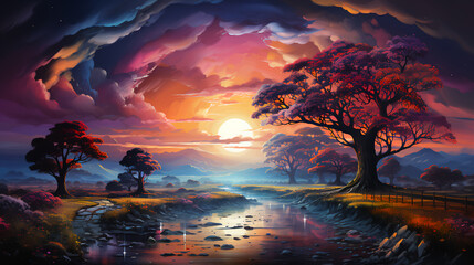 Abstract multi-colored fairy-tale trees against the background of a river and fields at sunset