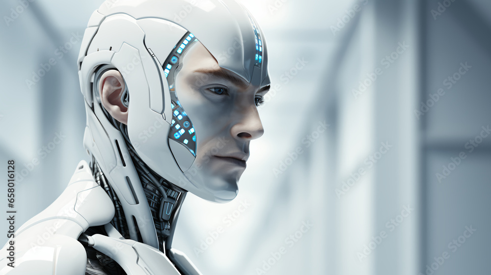 Poster face of a futuristic high-tech cyborg robot male. connecting man and computer with artificial intell