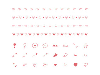 手書きのハートの飾り罫・アイコンのセット　赤　ベクター　Hand drawn heart line and icon set