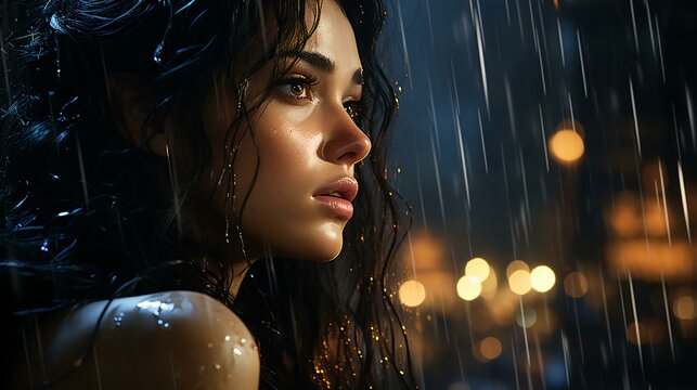 A beautiful pensive woman looks out the window at night during the rain and drops flow down the glass. Face of a sad girl close-up