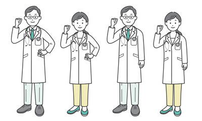 ガッツポーズをする医師男女 斜め