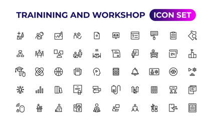 Fototapeta na wymiar Trainining and workshop icon set. Containing team building, collaboration, teamwork.Outline icon collection.