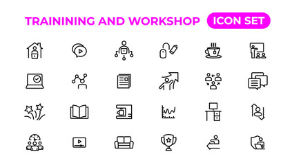 Trainining and workshop icon set. Containing team building, collaboration, teamwork.Outline icon collection.