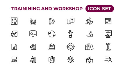 Trainining and workshop icon set. Containing team building, collaboration, teamwork.Outline icon collection.