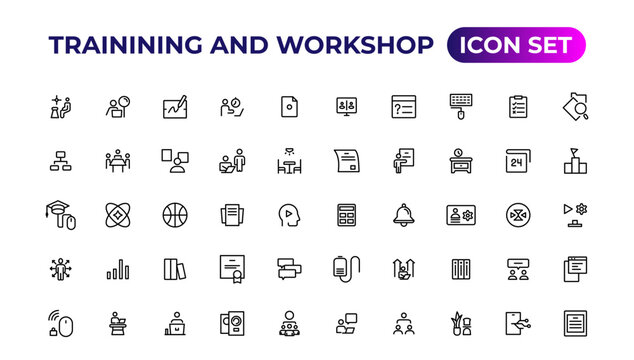 Trainining and workshop icon set. Containing team building, collaboration, teamwork.Outline icon collection.