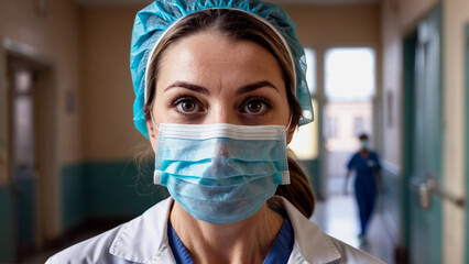 Portrait of a female doctor in a hospital wearing a protective mask.