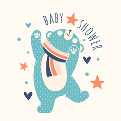 Baby shower party or Happy Birthday concept with fun hand drawn doodle style bear cub. Cute funny teddy bear and greeting. Nursery pastel color print for kids t-shirts, sleepwear or bedroom decor.