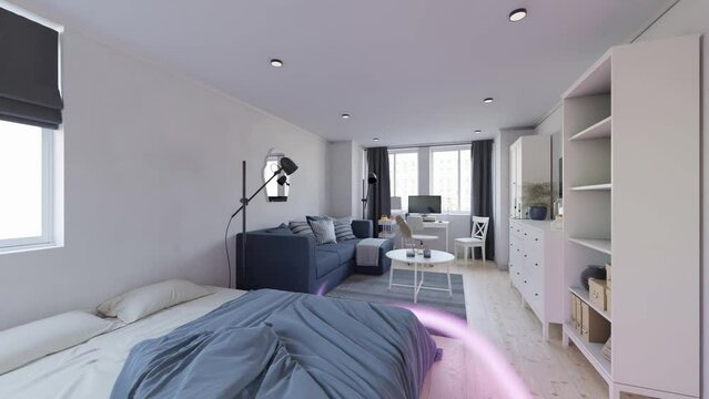 3D animation of minimalist bachelor apartment, dolly forward shot