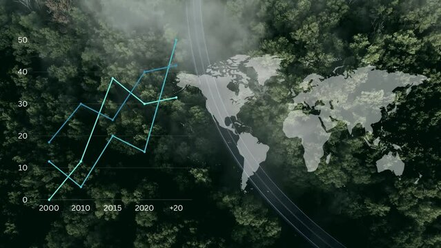 Rising chart and world map infographic on climate change over Birdseye aerial view winding road in misty woodland forest