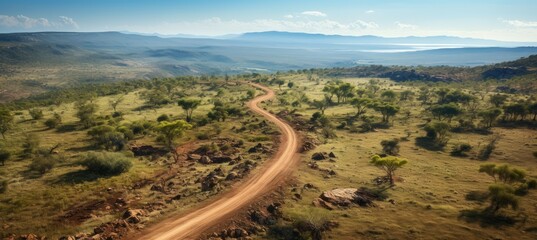 Dirt road on savanna panoramic landscape. Generative AI technology.  