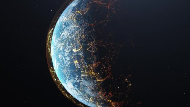 3D Redner Earth, Communications Signals, Zooming Out Earth Fades into Background of SPace, Starry Sky, 