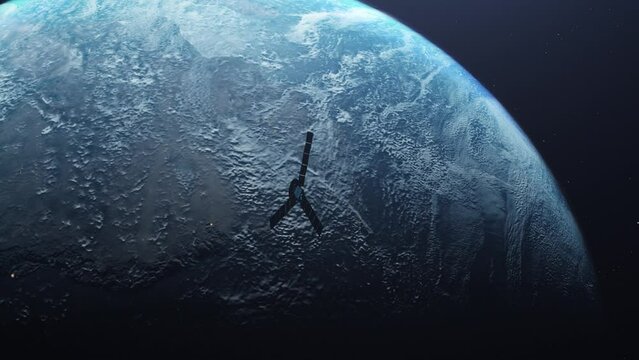 Satellite Flying Towards Earth, Speed, Deep Space, Orbiting, Realistic 3D Redner,  Cinematic Lighting