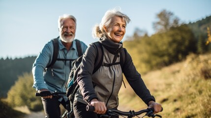 Fototapeta premium Active senior couple cycling outdoors on a road in nature. Travel cycling activity during their active retirement.