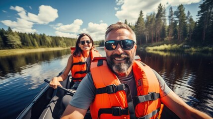 Happy mature couple canoeing in lake. Tourists traveling activity during their active retirement.