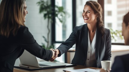 Happy business woman manager handshaking client for successful deal at meeting table in office. - obrazy, fototapety, plakaty