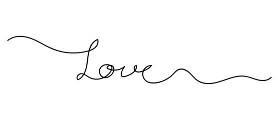 Continuous line drawing art. love text hand drawn with black line - obrazy, fototapety, plakaty