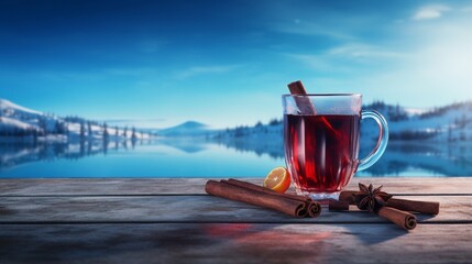 A glass of mulled red wine with cinnamon on old rustic wooden plank against blue background with winter landscape .