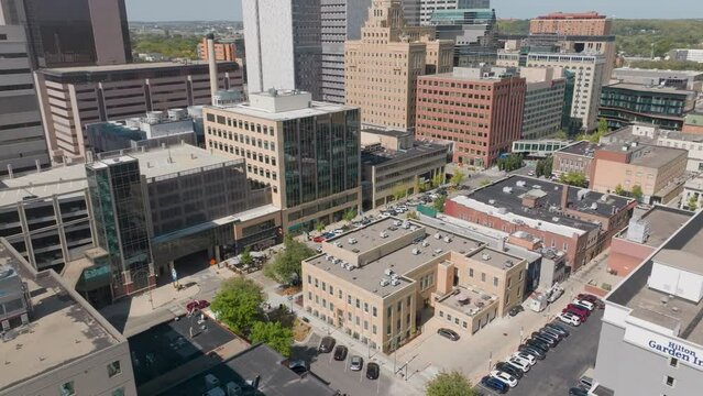 Downtown Buildings in Rochester, Minnesota, Low-Altitude Aerial Footage