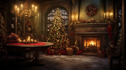 Fototapeta na wymiar A Photograph capturing the enchantment of Christmas: A cozy scene illuminated by candlelight, with rich reds and greens, a crackling fireplace, and twinkling ornaments adorning a majestic tree .