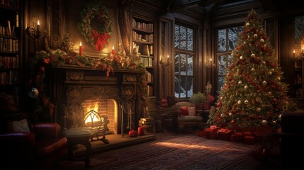 A Photograph capturing the enchantment of Christmas: A cozy scene illuminated by candlelight, with rich reds and greens, a crackling fireplace, and twinkling ornaments adorning a majestic tree . - obrazy, fototapety, plakaty