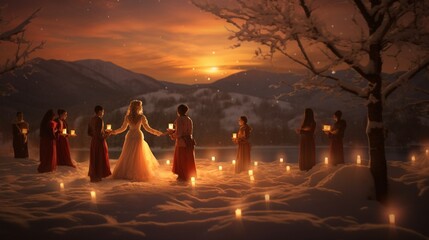 A Photograph capturing the essence of Christmas: Warm candlelight dances on a snow-covered...
