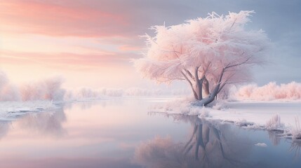A Photograph capturing the ethereal beauty of a snow-covered landscape, bathed in soft pastel hues, evoking a sense of serene winter wonder .