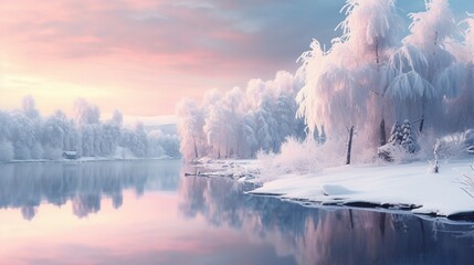 A Photograph capturing the ethereal beauty of a snow-covered landscape, bathed in soft pastel hues,...