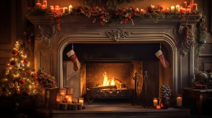 A Photograph capturing the warm glow of a cozy Christmas fireplace, adorned with rustic decorations...