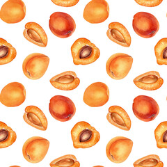 Watercolor whole and segment apricots seamless pattern isolated on white. Yellow fruits illustration. Orange peach, nectarine hand drawn. Design element for package, wrapping, textile, background