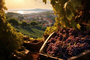 Generative AI many branches of red grapes in a wooden trough. Vineyard at sunset in autumn or...