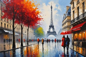 Paris Street View Eiffel Tower, Red Umbrella, and Tree in Oil Painting - obrazy, fototapety, plakaty