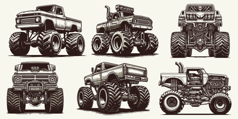 Vector Illustration Set of Monster Trucks black and white design © hossan