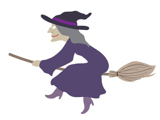 Halloween outlined vector illustration element of cute, fun and spooky flying wicked witch in purple costume on the broom