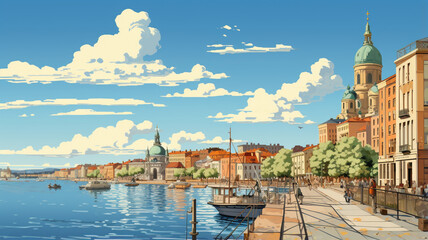 illustration of a beautiful scene of a river and boats