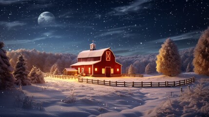 A snowy winter landscape with a charming red barn, illuminated with festive holiday lights, nestled...