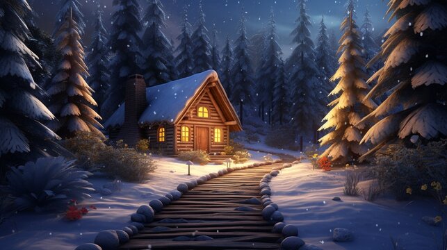 A serene forest scene with snow-covered pine trees and a softly lit path leading to a magical, secluded cabin, glowing with warm Christmas lights.