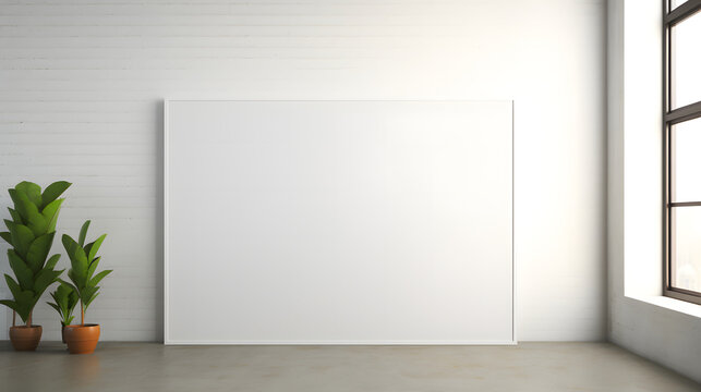empty white poster mockup on white wall room