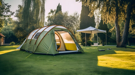 camping tent in the yard with trees in the background - obrazy, fototapety, plakaty